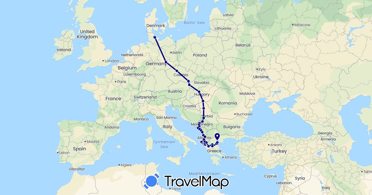 TravelMap itinerary: driving in Albania, Czech Republic, Germany, Greece, Hungary, Montenegro, Serbia, Slovakia (Europe)
