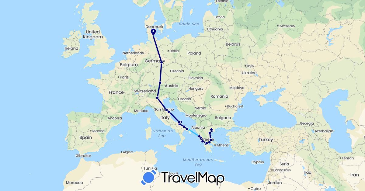 TravelMap itinerary: driving, boat in Germany, Greece, Italy (Europe)